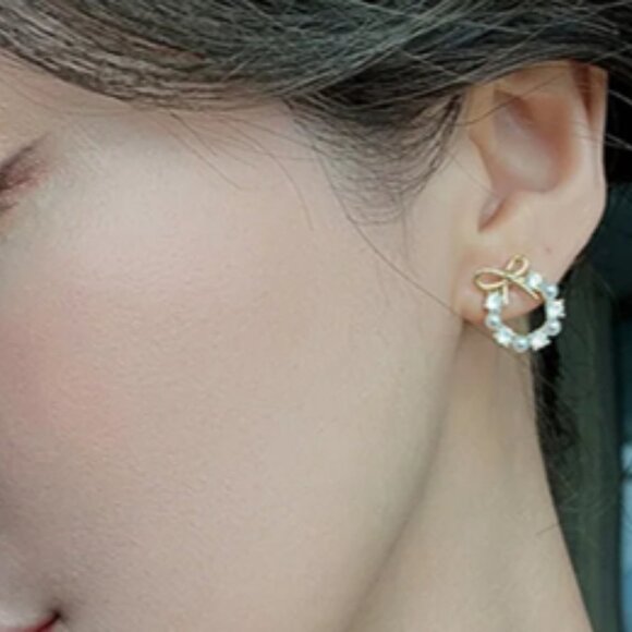 Madam P Elegant Trendy Round Crystal Wreath Bow Stud Earrings For Women Jewelry - Picture 2 of 6